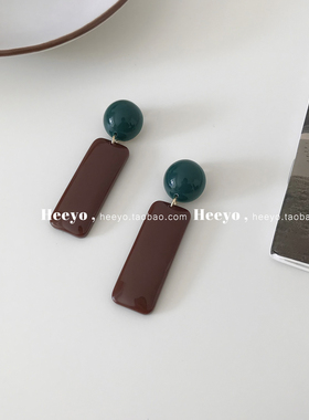 heeyo 深色树林/ 新中式复古绿咖撞色耳夹简约撞色时髦耳环银耳坠