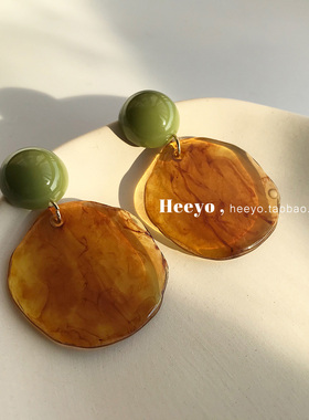 heeyo 绿野仙踪/ 森系复古银针耳环耳夹港风撞色琥珀晕染气质耳坠