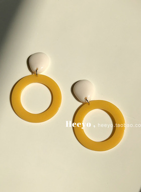 heeyo 加德里记/ 复古黄色镂空圆圈耳坠度假简约圈圈彩色耳夹耳环