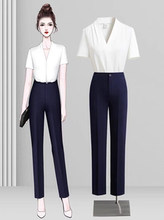 工作服衬衫女职业正装夏款白色v领短袖衬衣套装通勤面试雪纺上衣