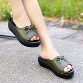 凉拖鞋 女 真皮坡跟女士中年外穿蝴蝶结厚底软底妈妈拖鞋 女夏季 新款