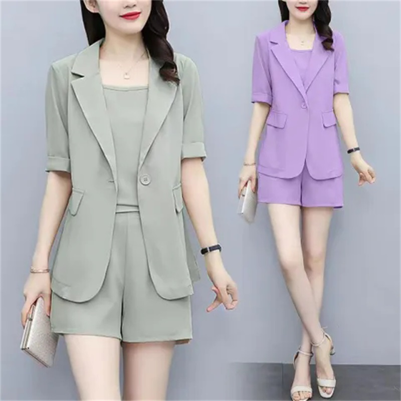 大码女装2025新款胖MM夏季时尚套装洋气减龄遮肚子短裤西服三件套