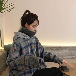 假两件格子加绒加厚卫衣女学生韩版宽松冬季小个子外套高领潮