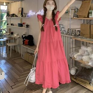 玫红色小飞袖 长裙 连衣裙女夏法式 甜美超仙多巴胺海边度假沙滩无袖
