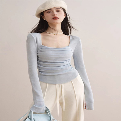 法式掐腰锁骨褶皱短款针织上衣
