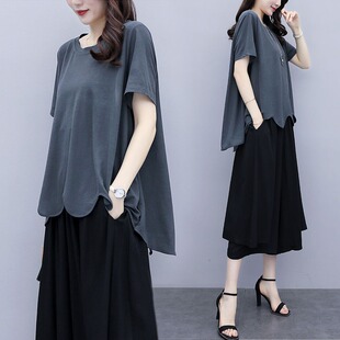 胖妹妹mm休闲减龄时髦阔腿洋气两件套 200斤遮肚显瘦套装 大码 女装