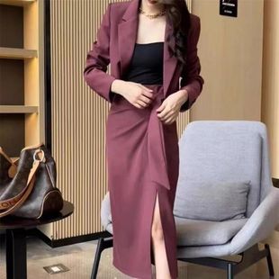 女士套裙西服上衣 休闲炸街爆款 开叉半身裙 显瘦纯色修身 春秋时尚