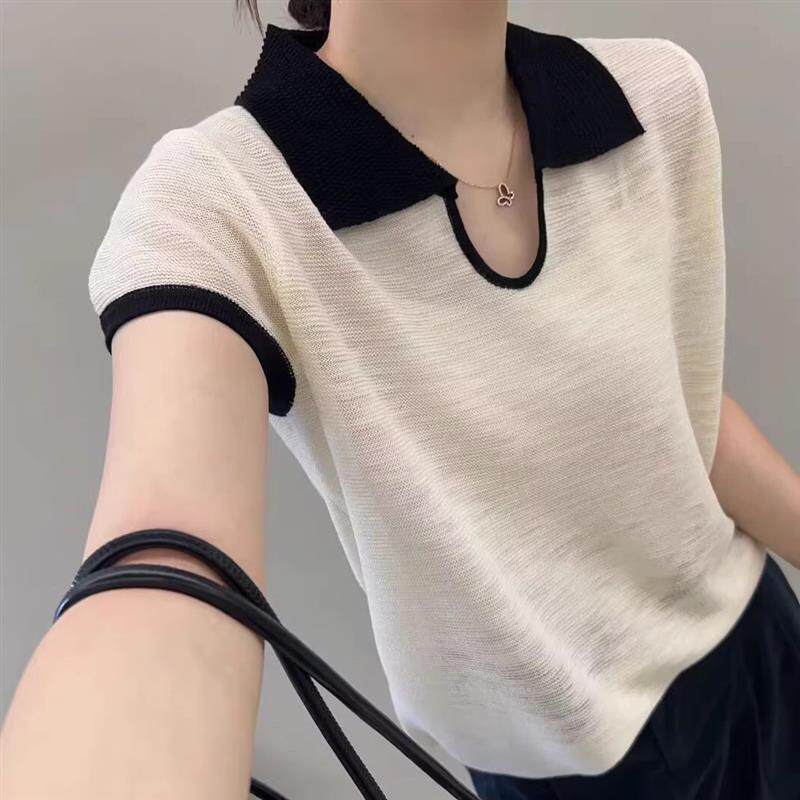 竹节麻polo领撞色针织短袖上衣女2025夏季新时尚小众别致短款t恤