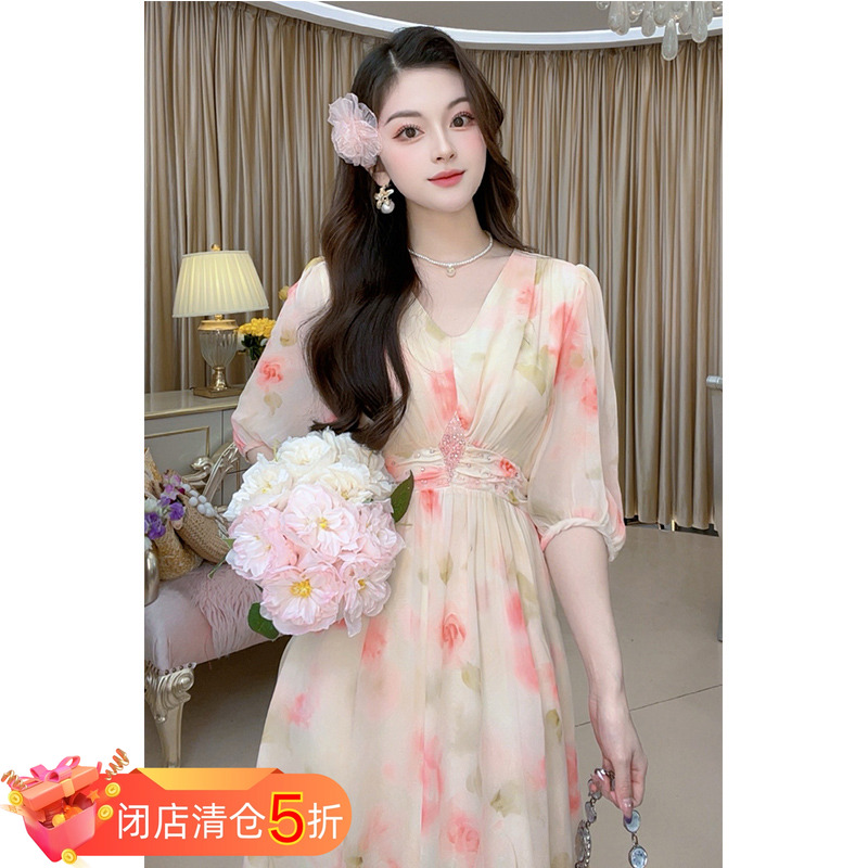 【清仓】2025新款温柔风长袖荷叶边碎花连衣裙大摆长裙M-2XL