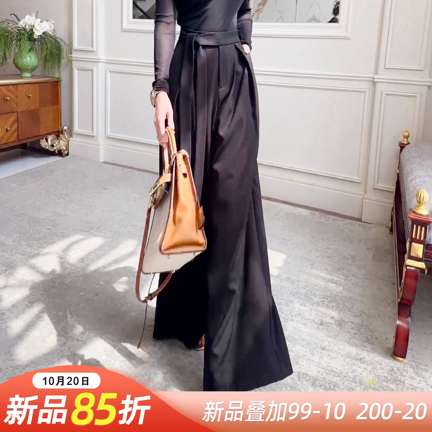 【新品85折】绑带设计高腰宽松阔腿裤女时尚气质垂感西装拖地长裤