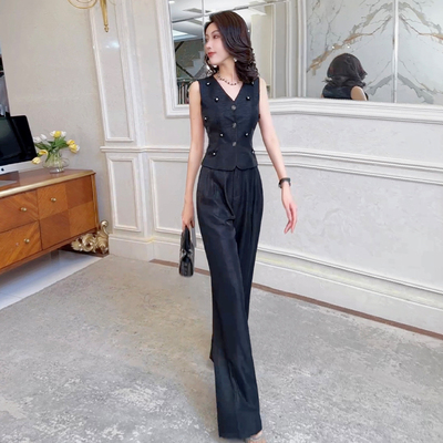 飞姐定制夏季新款时尚套装女无袖马甲背心高腰直筒裤两件套