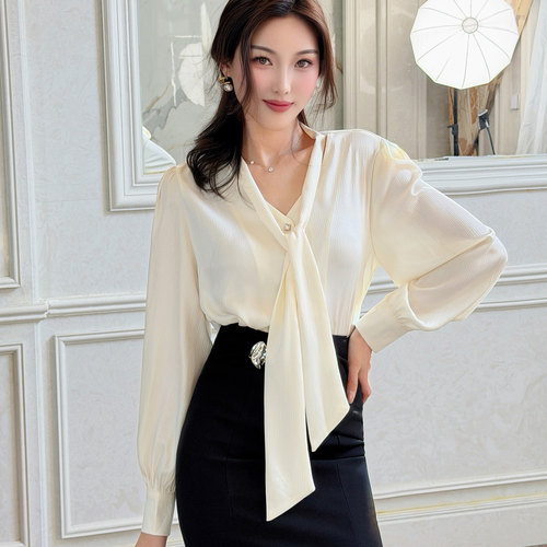 飞姐定制2026韩版通勤系带领金属扣气质衬衫灯笼袖雪纺衫缎面上衣