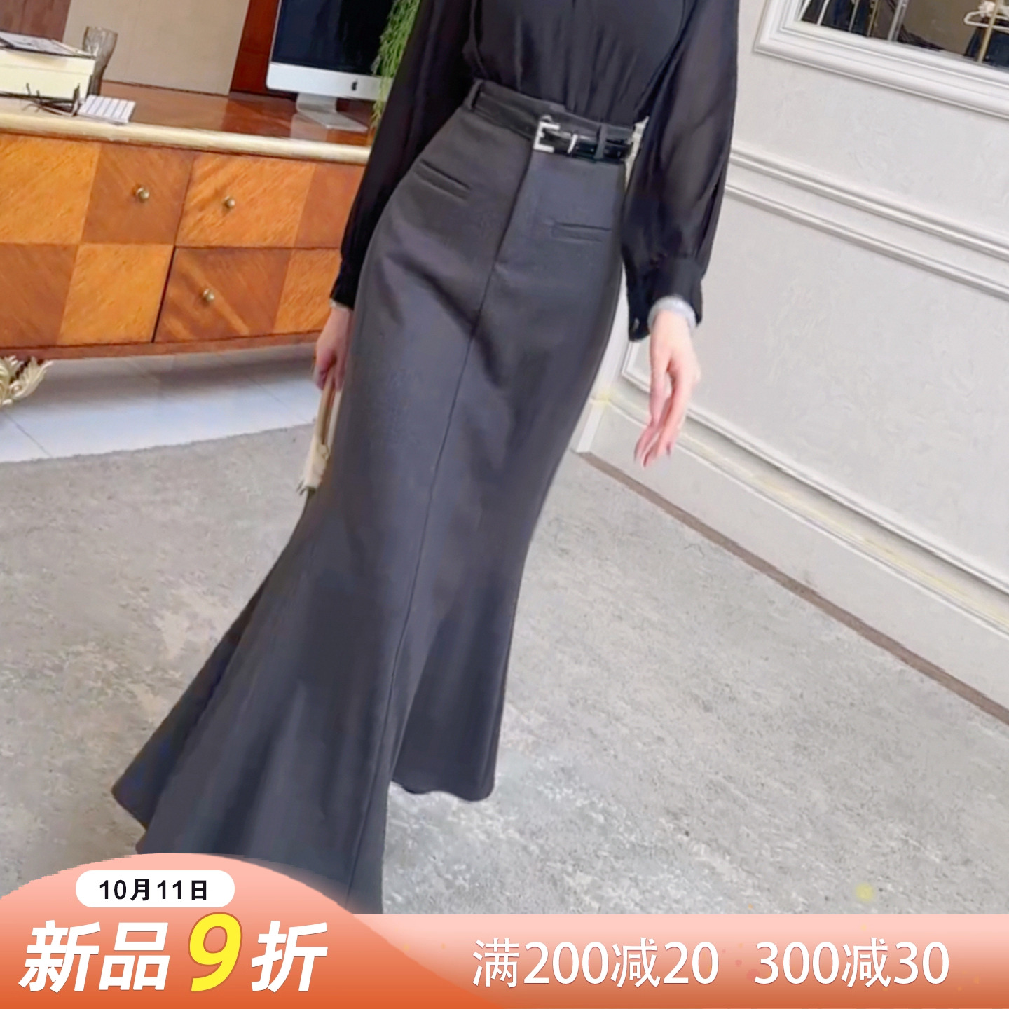 【新品9折】气质高腰磨毛毛呢鱼尾裙2025秋装新款法式A字半身裙