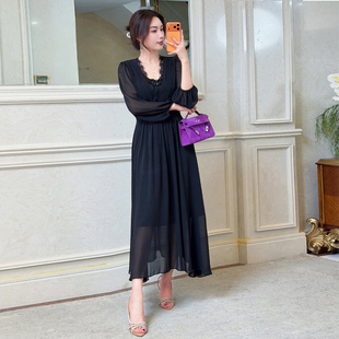 泡泡袖 法式 88折 雪纺长裙串珠蕾丝拼接收腰温柔风连衣裙 新品