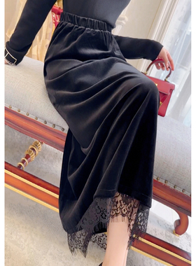 【新品9折】黑色蕾丝边丝绒半身裙冬季高级感气质包臀一步中长裙