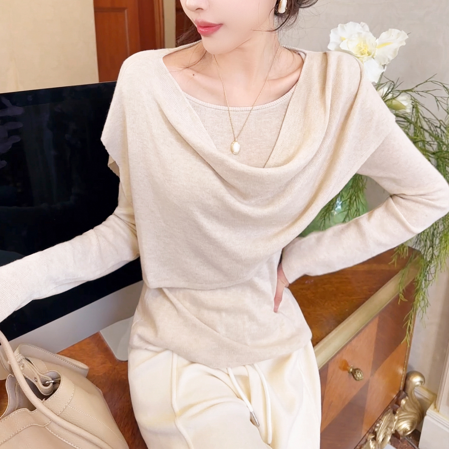 飞姐定制小众荡领披肩设计针织衫两件套女秋冬气质套头毛衣