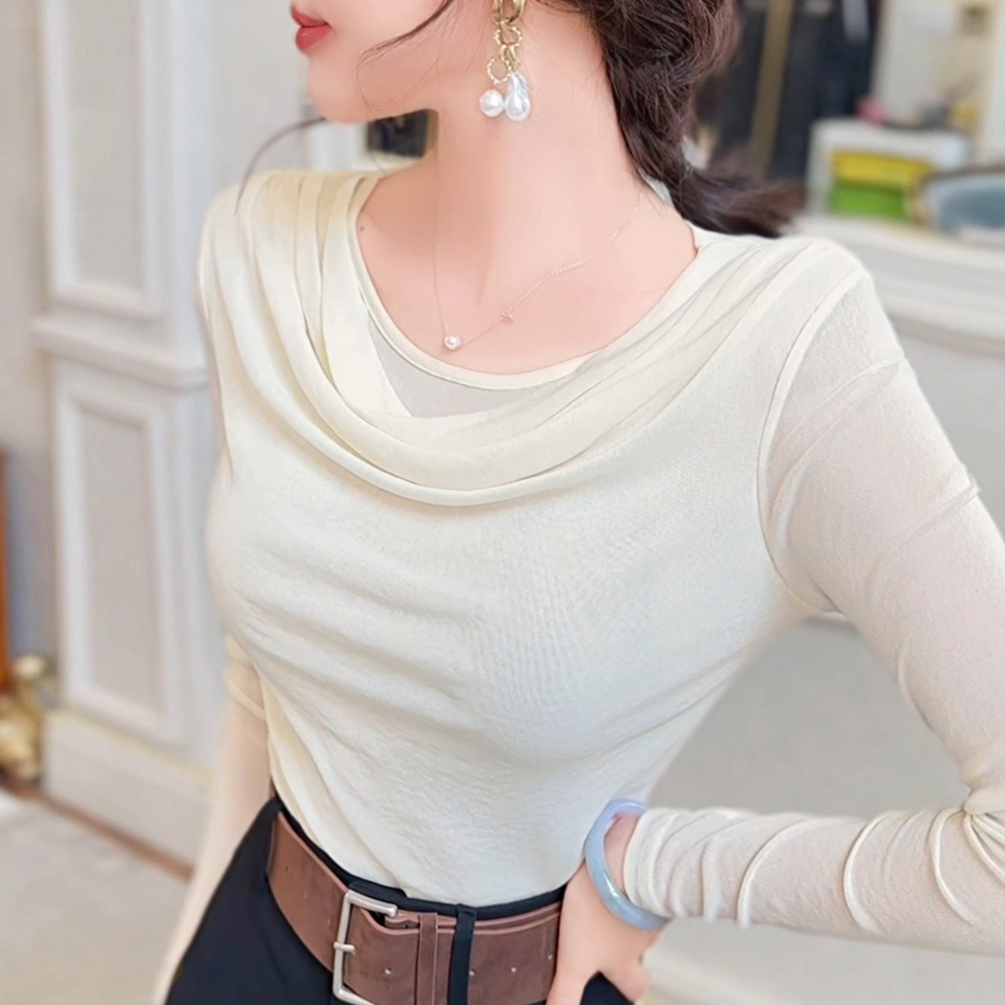 飞姐定制荡领设计修身显瘦打底衫女秋冬季长袖T恤内搭上衣