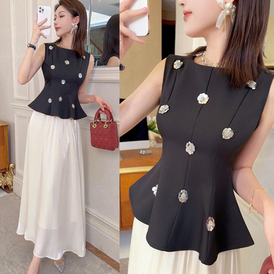 飞姐定制立体复古收腰小香套装女花朵钉珠无袖背心半身裙两件套