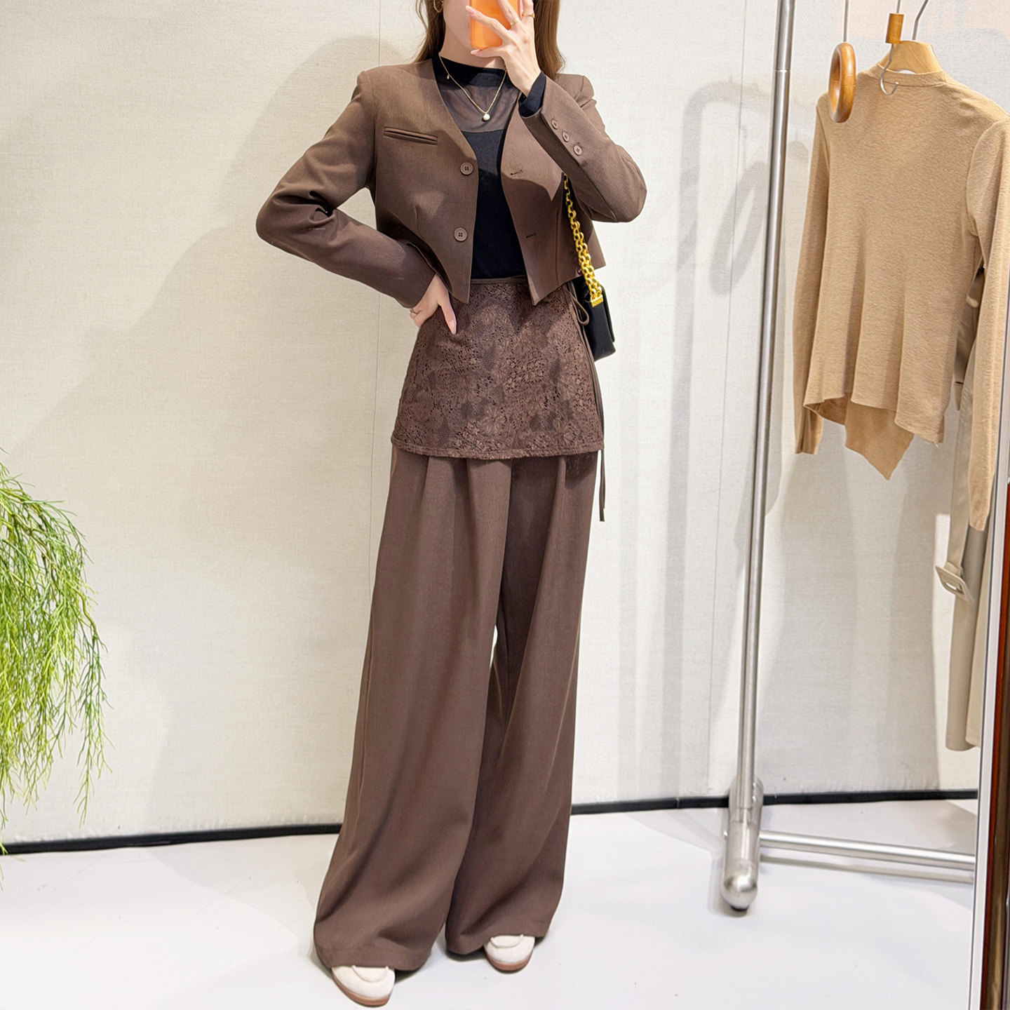 【新品88折】美拉德短款西装阔腿裤套装女 蕾丝腰封设计感三件套