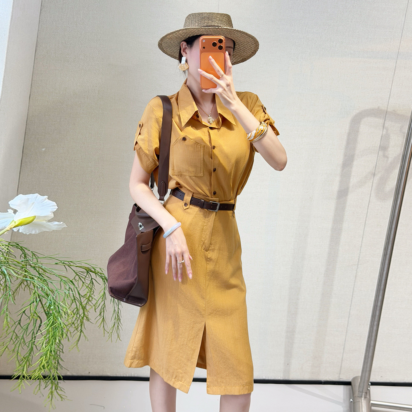 【新品88折】纯色工装风衬衣半裙套装 透气亚麻质感显瘦两件套