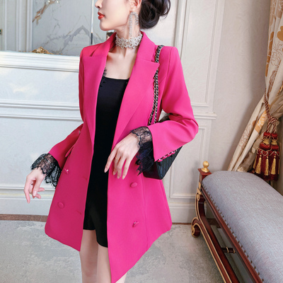 飞姐定制2026韩版新款蕾丝拼接西装外套双排扣收腰百搭假两件西服