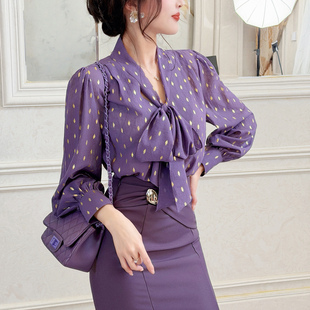飞姐定制2026春韩版波点系带蝴蝶节V领长袖雪纺衫灯笼袖衬衫上衣