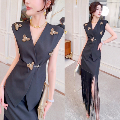 飞姐定制重工蝴蝶西装领上衣套装女名媛OL气质流苏半身裙两件