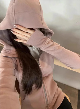 紫色修身卫衣外套女秋冬季运动正肩上衣连帽美式收腰显瘦开衫掐腰