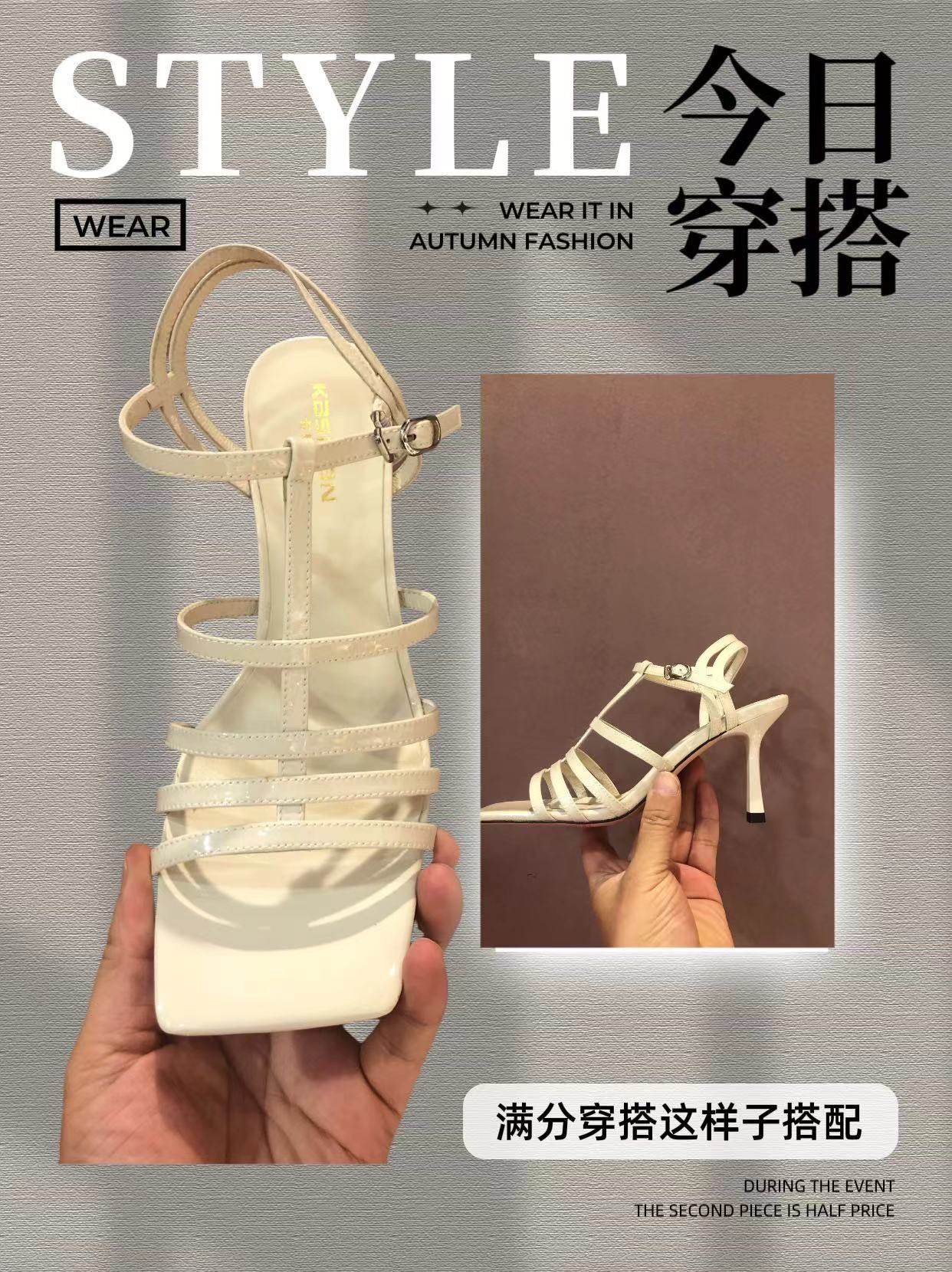 2024新款高跟露趾牛漆皮欧货凉鞋欧美风简约复古细跟凉拖鞋罗马鞋