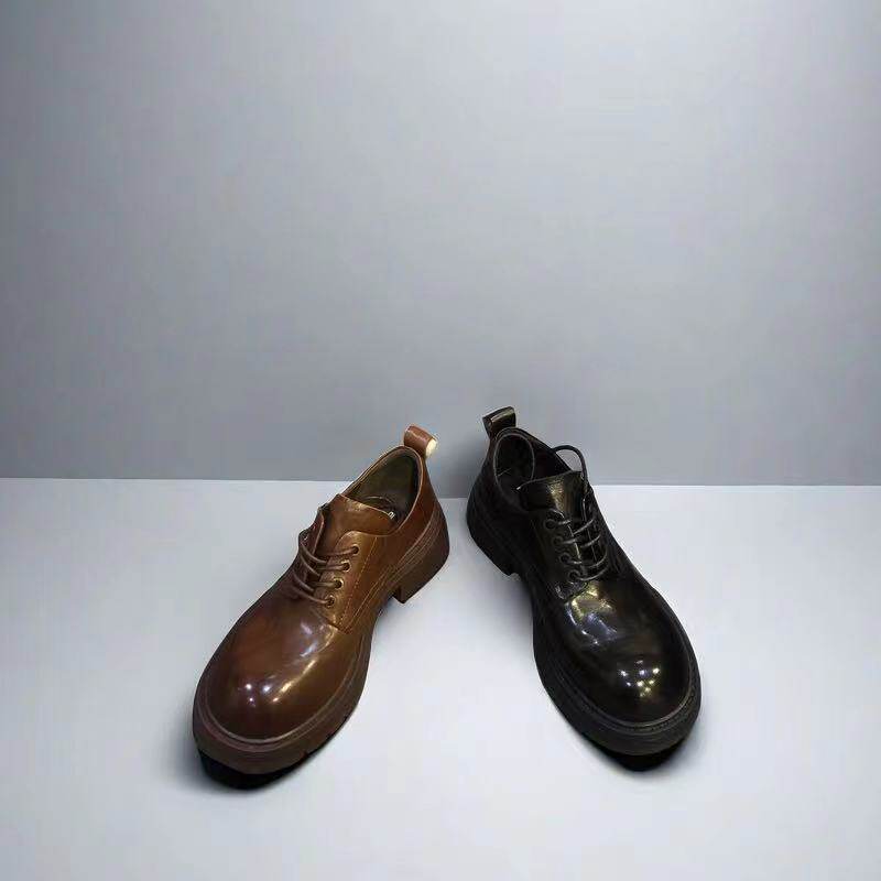 卡斯丹2024秋新款女牛皮欧美复古厚底单鞋深口圆头系带粗跟休闲鞋