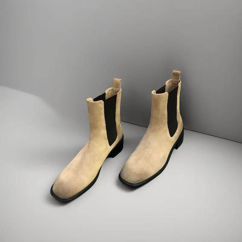 2025年欧洲站春季英伦风切尔西靴女低跟磨砂牛皮圆头粗跟女短靴