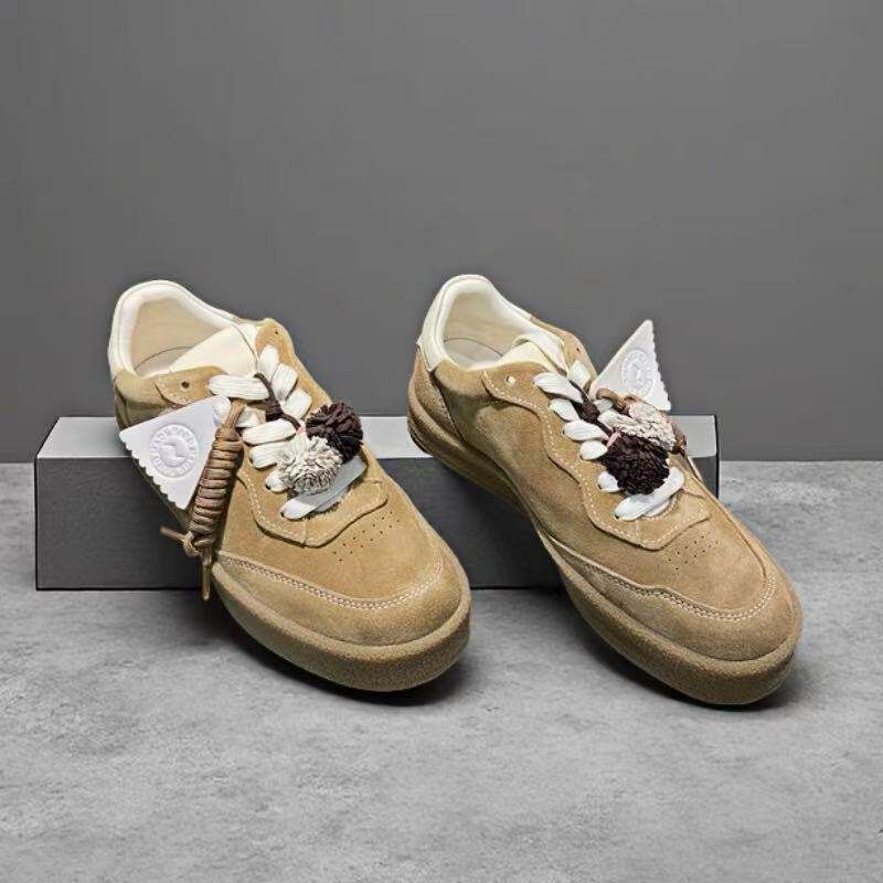 2025秋新品欧货牛皮休闲板鞋女平底软底系带深口厚底阿甘女德训鞋