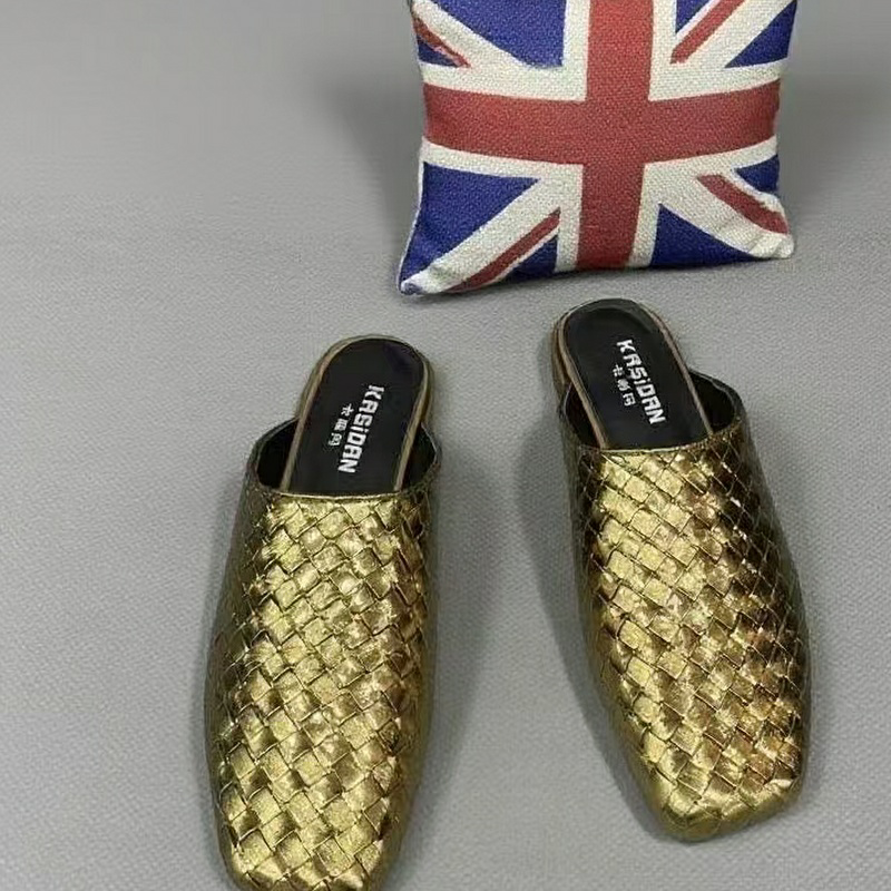 欧洲站2025欧货新品牛皮编织包头拖鞋女外穿平底一脚蹬穆勒女拖鞋