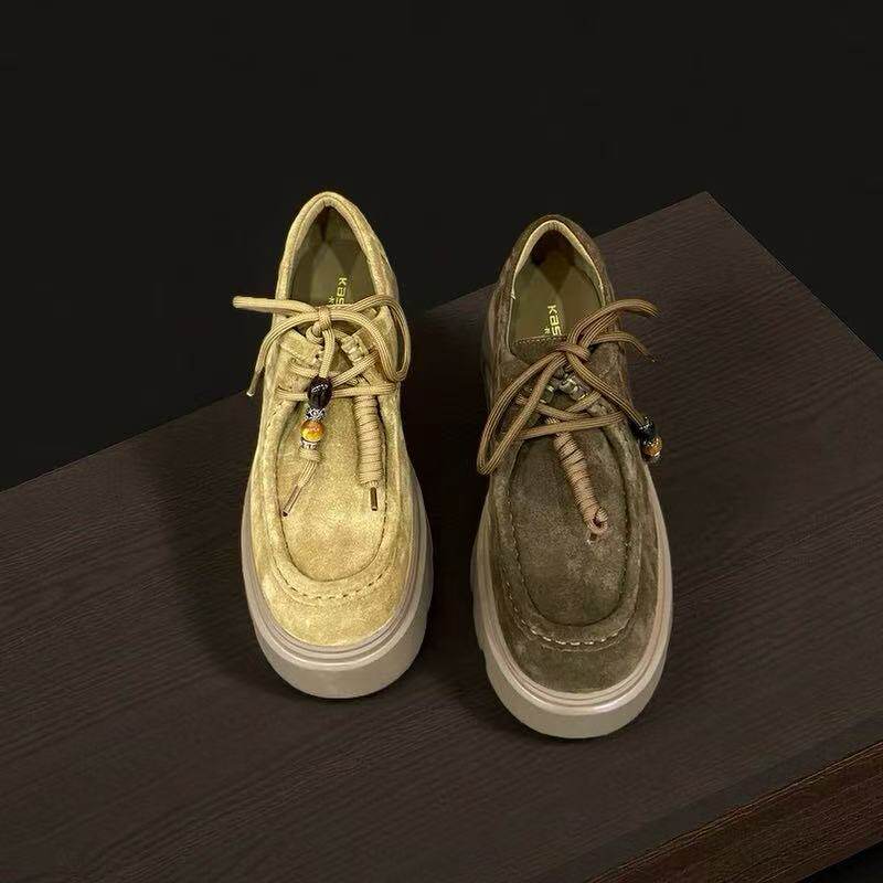 2025秋新品欧货牛皮厚底单鞋女深口串珠系带粗跟软底舒适百搭女鞋