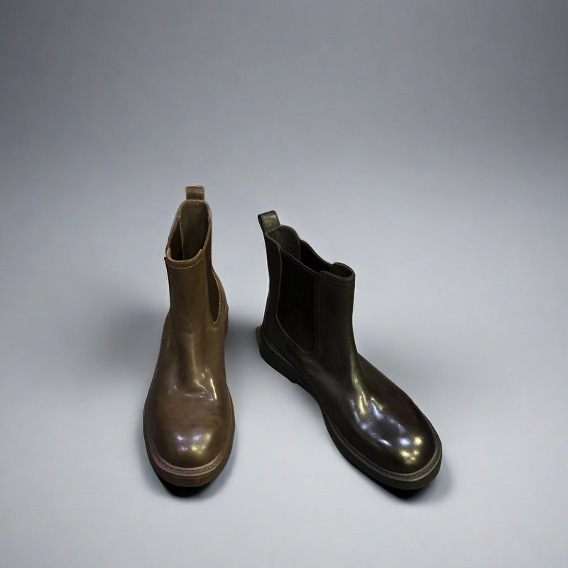 卡斯丹时尚棕色牛皮短靴女秋冬单靴一脚蹬马丁靴粗跟厚底切尔西靴