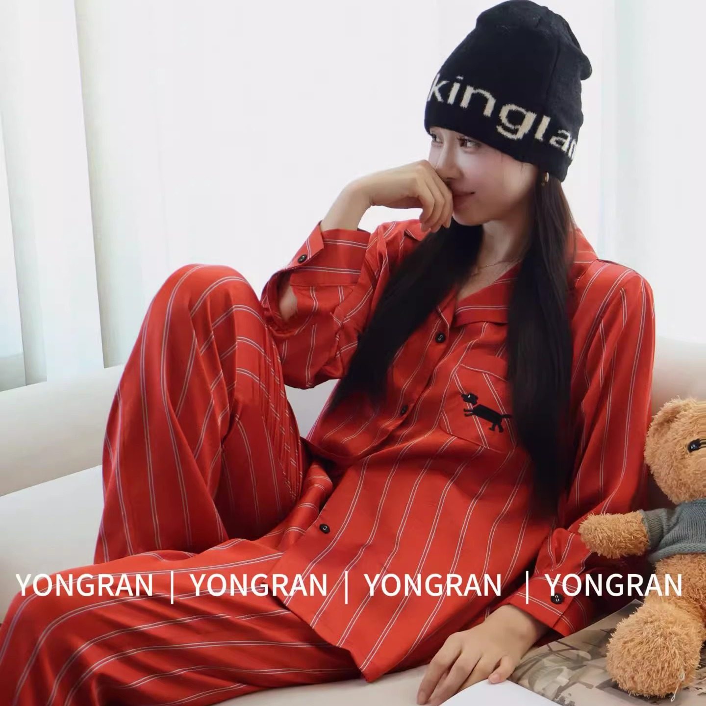 雍然YONGRAN南韩丝西瓜红显白秋睡衣 长袖长裤冰丝家居服女实体店