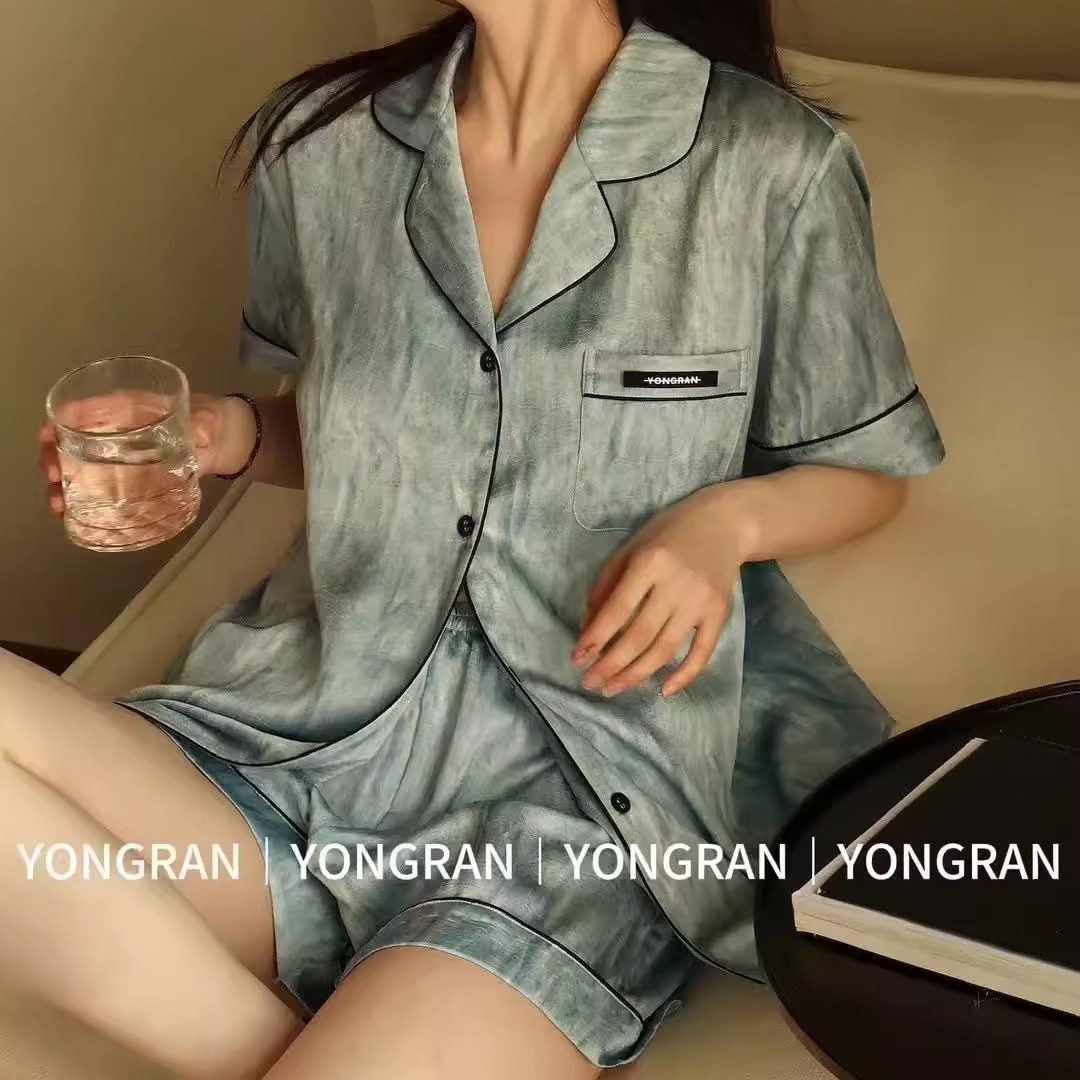 雍然大牌原创及家居服短袖短裤睡衣女YONGRAN南韩丝冰丝复古套装