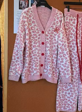 网红实体店新款时尚睡衣女红色纽扣粉豹纹开衫可外穿家居服套装