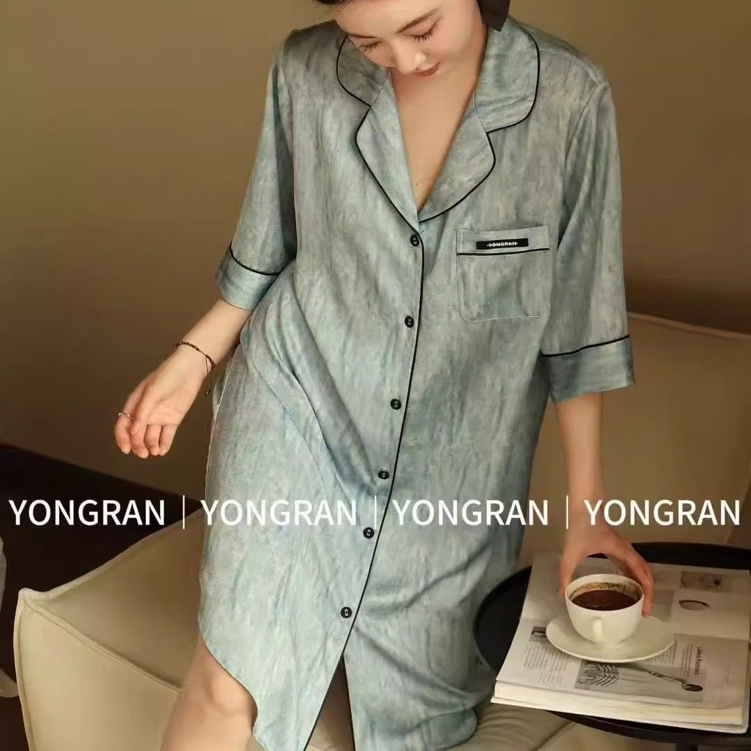 雍然YONGRAN翻领开衫衬衫云海尘清睡裙南韩丝冰丝绸睡衣女家居服