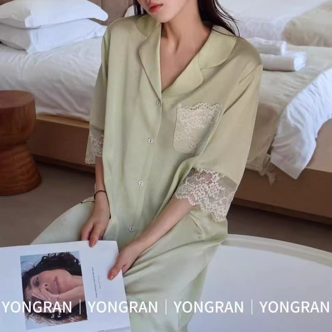 雍然薄荷綠慵懶夏季襯衫睡裙南韓冰絲極簡翻領(lǐng)開衫清爽家居服睡衣