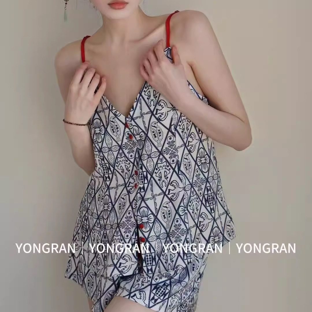 雍然性感红肩带小吊带背心纯欲法式睡衣夏YONGRAN南韩冰丝家居服