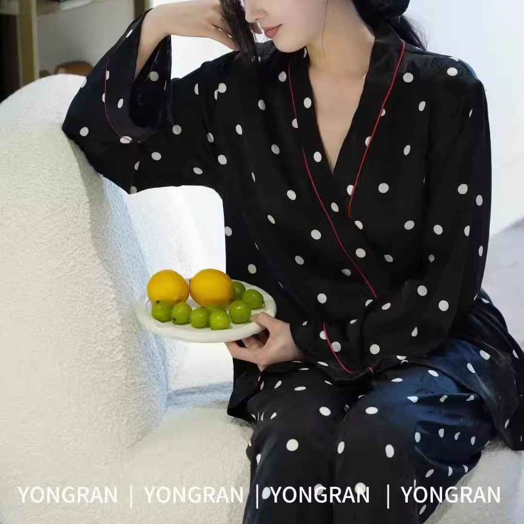 雍然YONGRAN海黑色白波点清南韩丝睡衣女士冰丝系带睡袍家居服夏