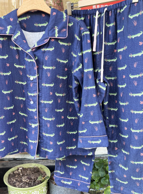 内ye棉花糖三重纱女士家居服套装纯棉长袖睡衣睡裤数码印花柔软