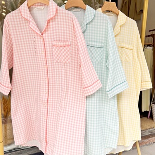 全棉双层纱衬衫裙春秋夏季七分袖女士家居服格子睡裙睡衣可外穿