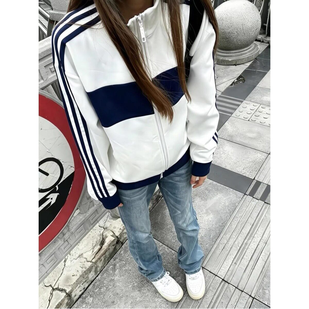 美式高街条纹杠撞色立领卫衣男女春秋宽松学院风学生情侣棒球服外