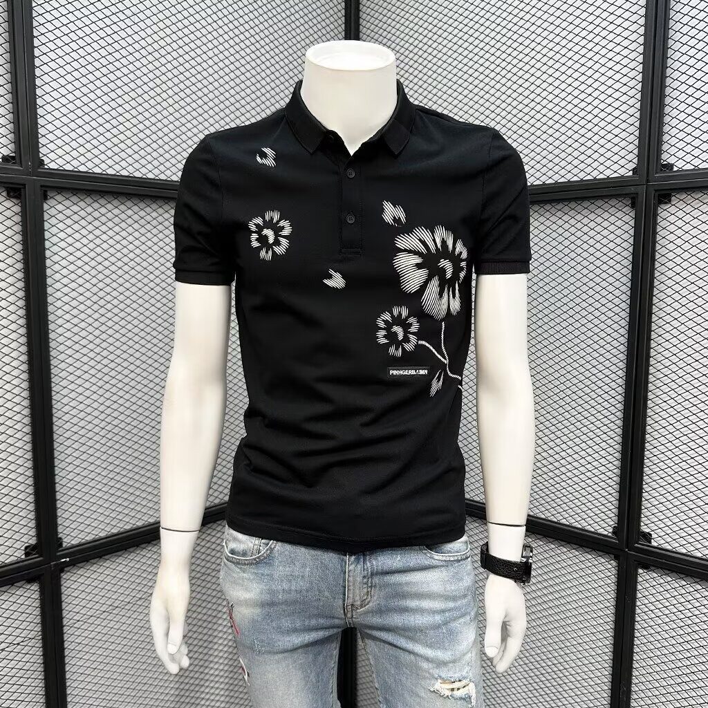 夏季时尚男士潮流花卉印花POLO衫男短袖潮牌修身翻领青年半袖体恤