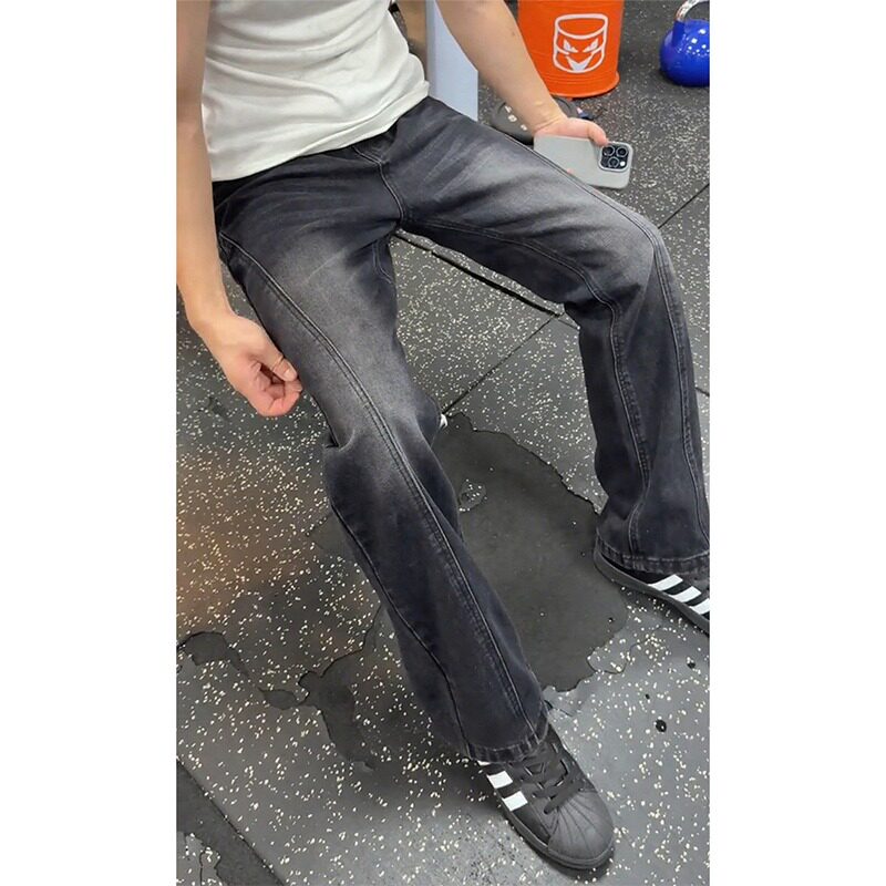 美式517复古水洗黑灰色微喇牛仔裤男cleanfit修身显瘦裤子长裤夏