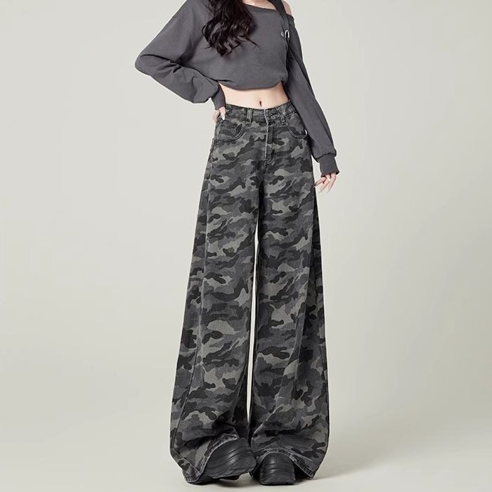 美式迷彩阔腿工装牛仔裤女2025新款春秋季高腰酷飒风宽松冲锋裤子