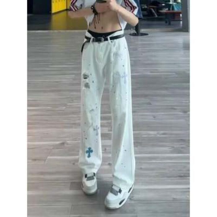 高街美式涂鸦泼墨白色牛仔裤男宽松直筒潮牌痞帅设计感阔腿长裤子