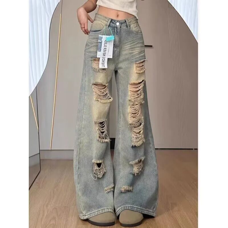 大码胖mm美式复古水洗做旧破洞牛仔裤女夏季街头百搭直筒阔腿裤子